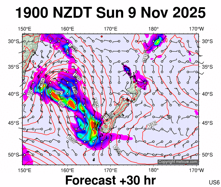 New Zealand forecast chart for Sunday, November 9th, 2025 at 6:00 AM