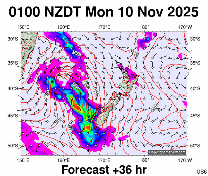 New Zealand forecast chart for Sunday, November 9th, 2025 at 12:00 PM