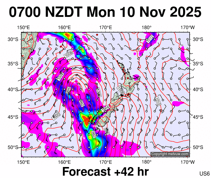 New Zealand forecast chart for Sunday, November 9th, 2025 at 6:00 PM