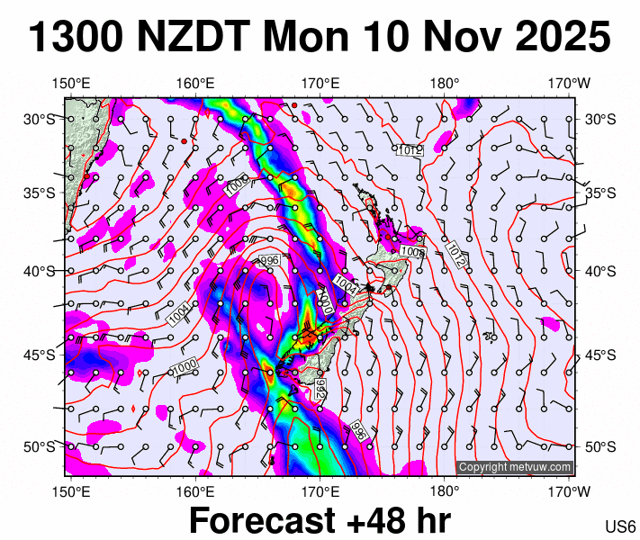 New Zealand forecast chart for Monday, November 10th, 2025 at 12:00 AM