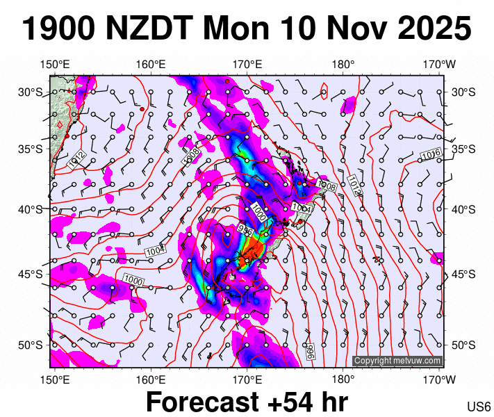 New Zealand forecast chart for Monday, November 10th, 2025 at 6:00 AM