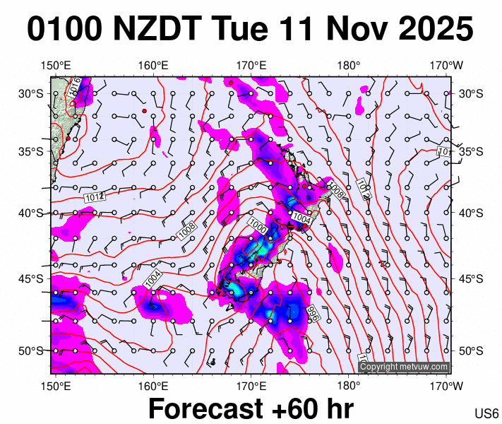 New Zealand forecast chart for Monday, November 10th, 2025 at 12:00 PM