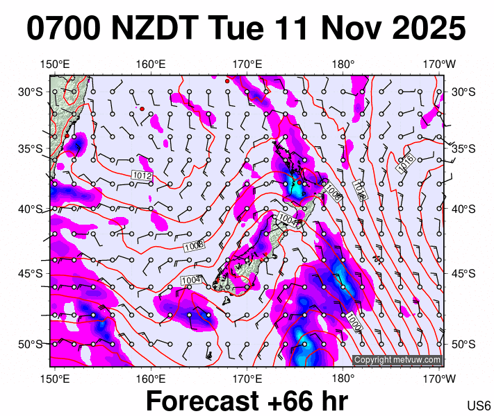 New Zealand forecast chart for Monday, November 10th, 2025 at 6:00 PM
