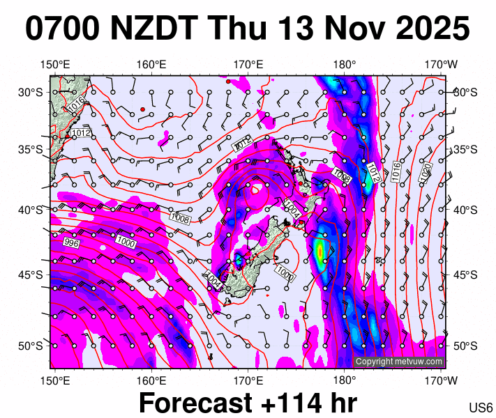 New Zealand forecast chart for Wednesday, November 12th, 2025 at 6:00 PM