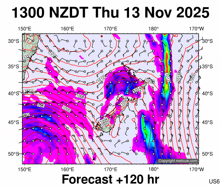New Zealand forecast chart for Thursday, November 13th, 2025 at 12:00 AM