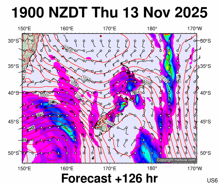New Zealand forecast chart for Thursday, November 13th, 2025 at 6:00 AM