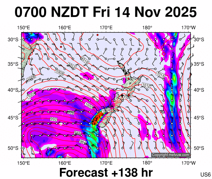New Zealand forecast chart for Thursday, November 13th, 2025 at 6:00 PM