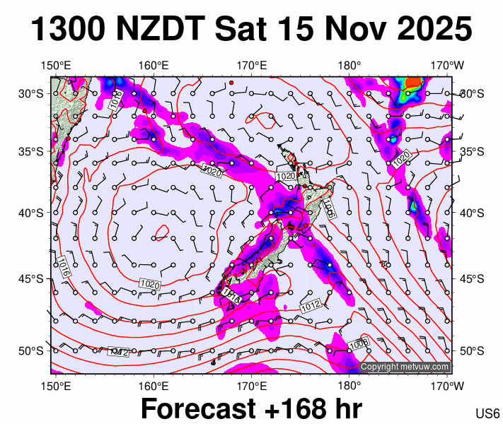 New Zealand forecast chart for Saturday, November 15th, 2025 at 12:00 AM