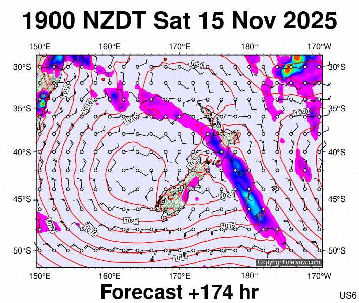 New Zealand forecast chart for Saturday, November 15th, 2025 at 6:00 AM