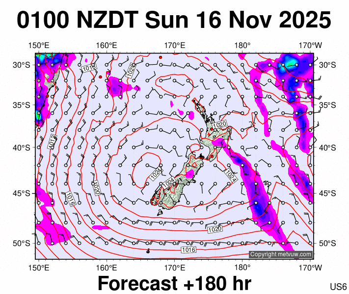 New Zealand forecast chart for Saturday, November 15th, 2025 at 12:00 PM