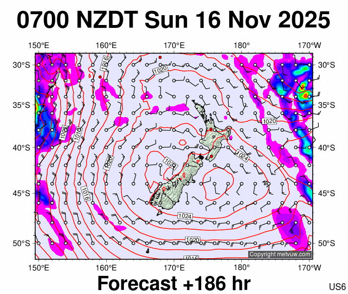 New Zealand forecast chart for Saturday, November 15th, 2025 at 6:00 PM