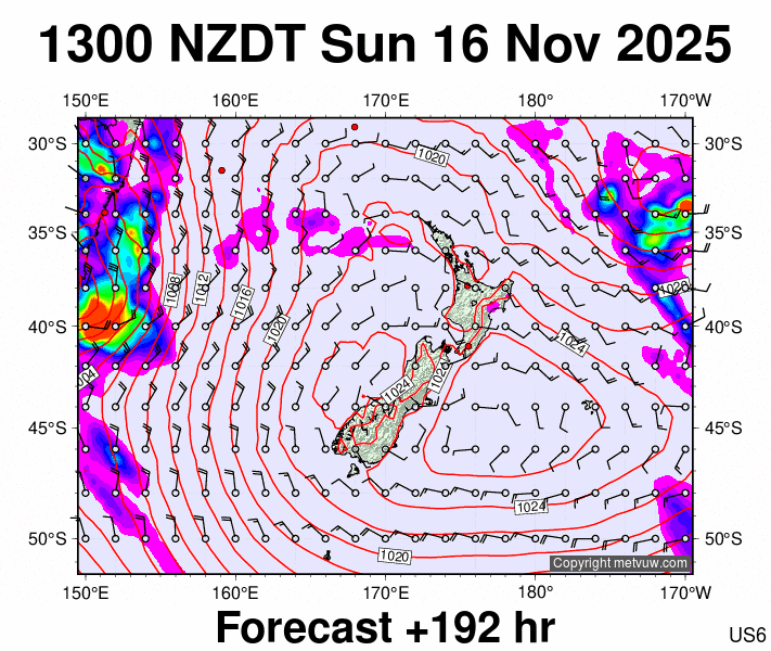 New Zealand forecast chart for Sunday, November 16th, 2025 at 12:00 AM
