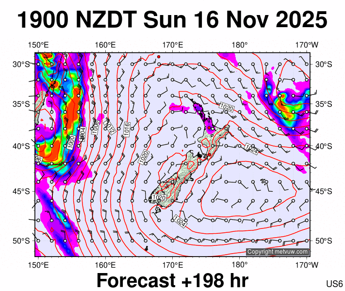 New Zealand forecast chart for Sunday, November 16th, 2025 at 6:00 AM