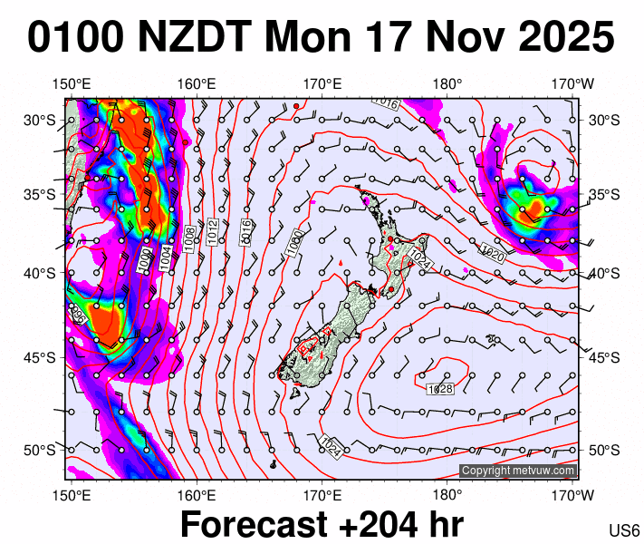 New Zealand forecast chart for Sunday, November 16th, 2025 at 12:00 PM