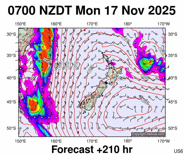New Zealand forecast chart for Sunday, November 16th, 2025 at 6:00 PM