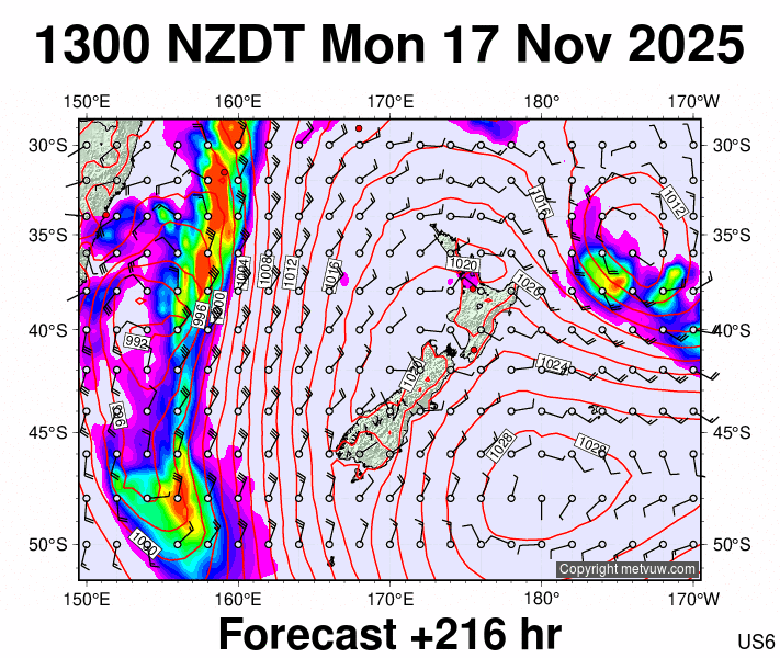 New Zealand forecast chart for Monday, November 17th, 2025 at 12:00 AM