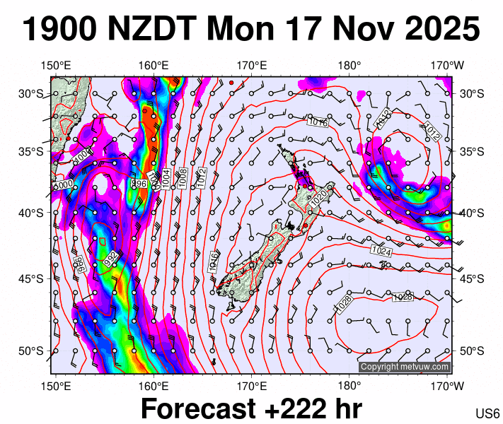 New Zealand forecast chart for Monday, November 17th, 2025 at 6:00 AM