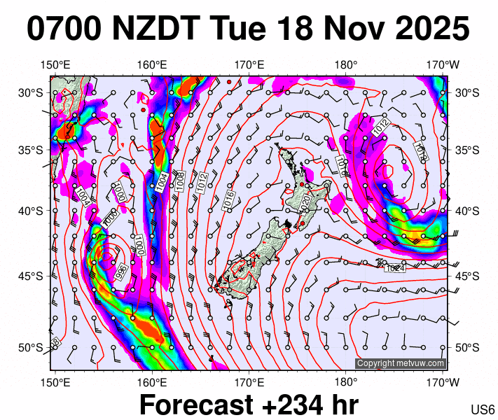 New Zealand forecast chart for Monday, November 17th, 2025 at 6:00 PM