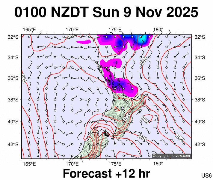 North Island forecast chart for Saturday, November 8th, 2025 at 12:00 PM