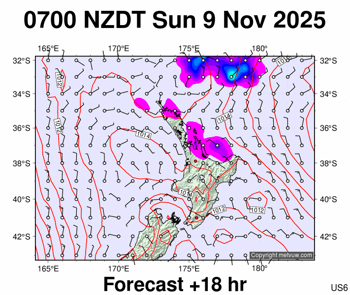 North Island forecast chart for Saturday, November 8th, 2025 at 6:00 PM
