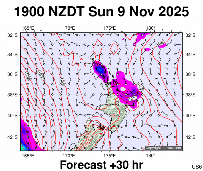North Island forecast chart for Sunday, November 9th, 2025 at 6:00 AM