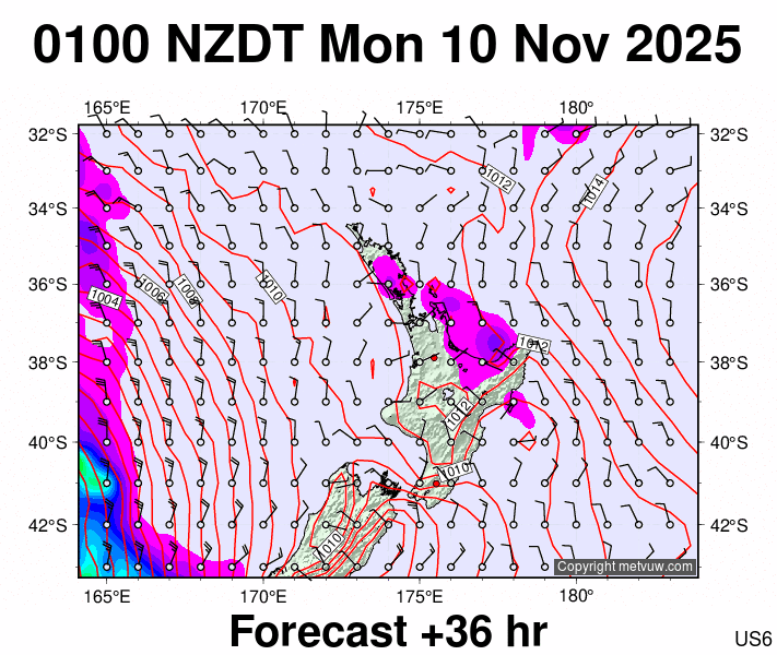 North Island forecast chart for Sunday, November 9th, 2025 at 12:00 PM