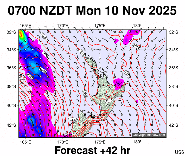 North Island forecast chart for Sunday, November 9th, 2025 at 6:00 PM