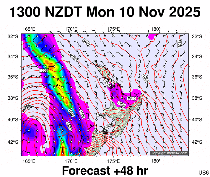North Island forecast chart for Monday, November 10th, 2025 at 12:00 AM