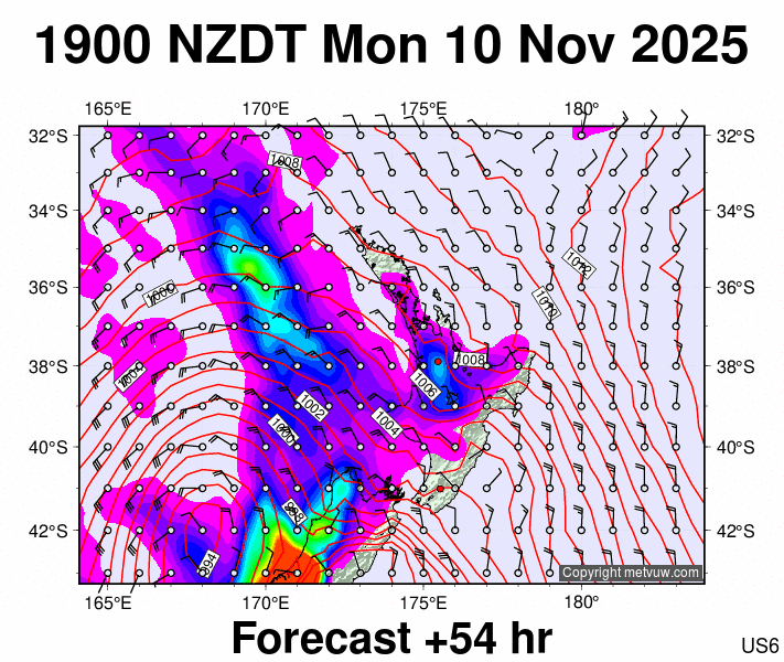 North Island forecast chart for Monday, November 10th, 2025 at 6:00 AM