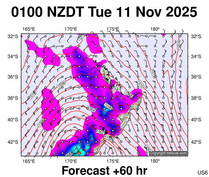 North Island forecast chart for Monday, November 10th, 2025 at 12:00 PM