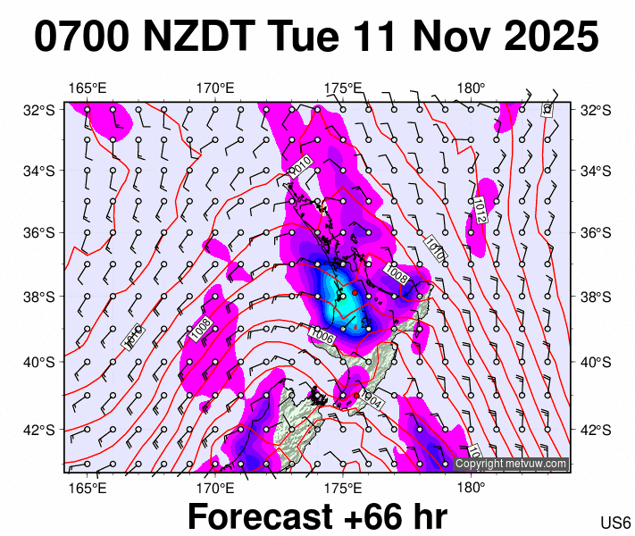 North Island forecast chart for Monday, November 10th, 2025 at 6:00 PM