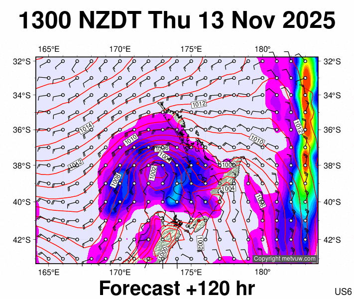 North Island forecast chart for Thursday, November 13th, 2025 at 12:00 AM