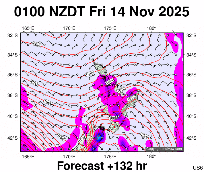 North Island forecast chart for Thursday, November 13th, 2025 at 12:00 PM