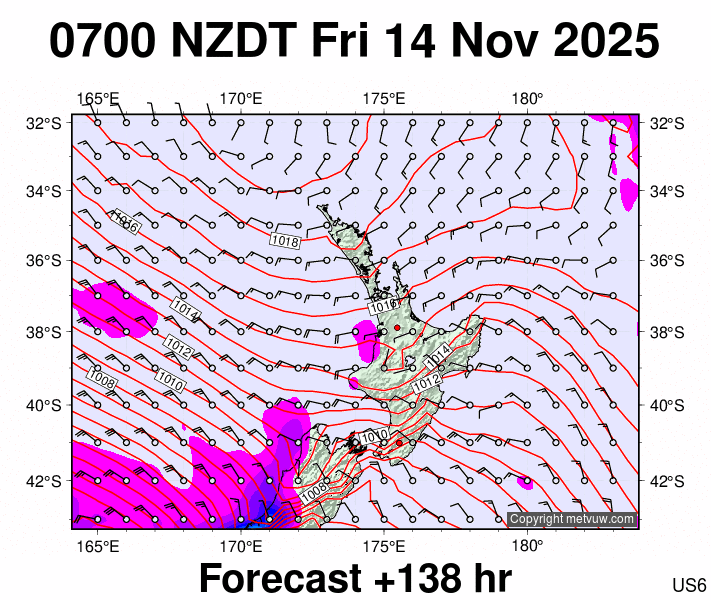 North Island forecast chart for Thursday, November 13th, 2025 at 6:00 PM