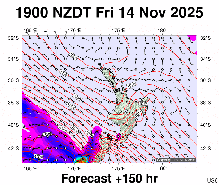 North Island forecast chart for Friday, November 14th, 2025 at 6:00 AM