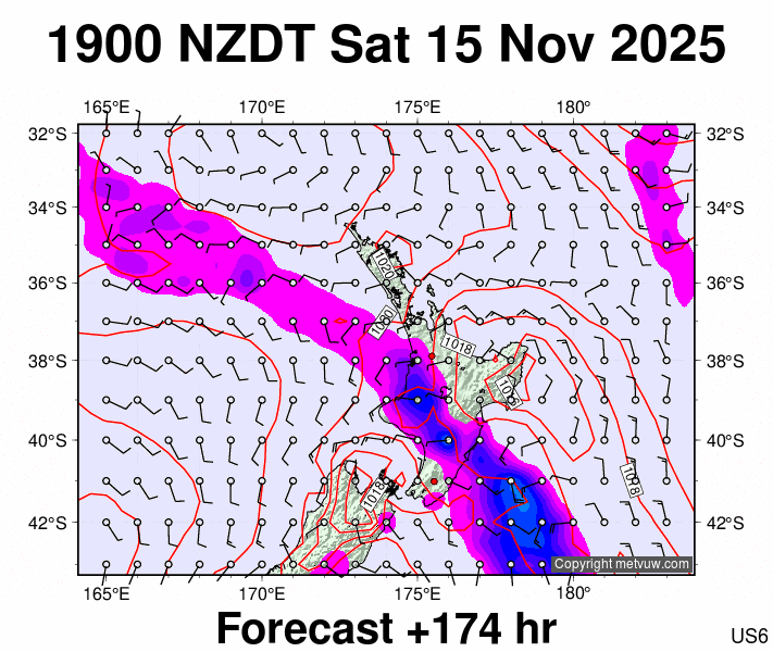 North Island forecast chart for Saturday, November 15th, 2025 at 6:00 AM
