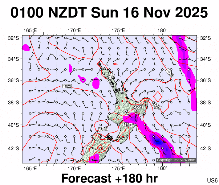 North Island forecast chart for Saturday, November 15th, 2025 at 12:00 PM