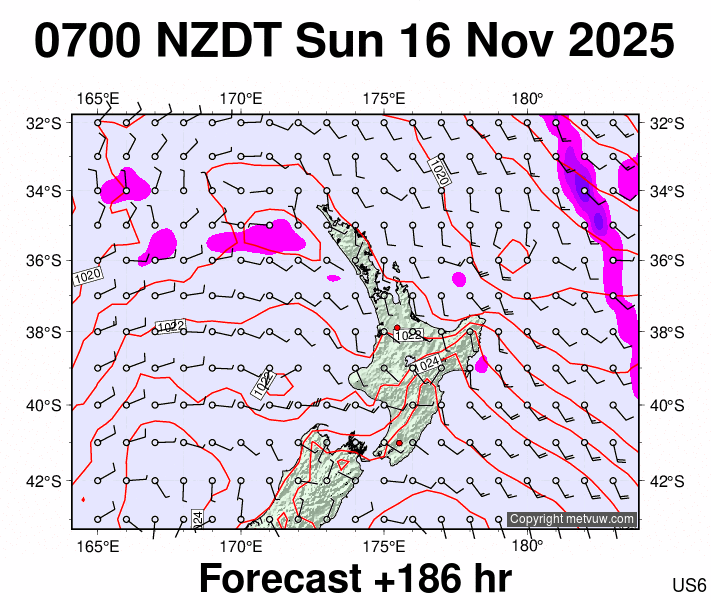 North Island forecast chart for Saturday, November 15th, 2025 at 6:00 PM