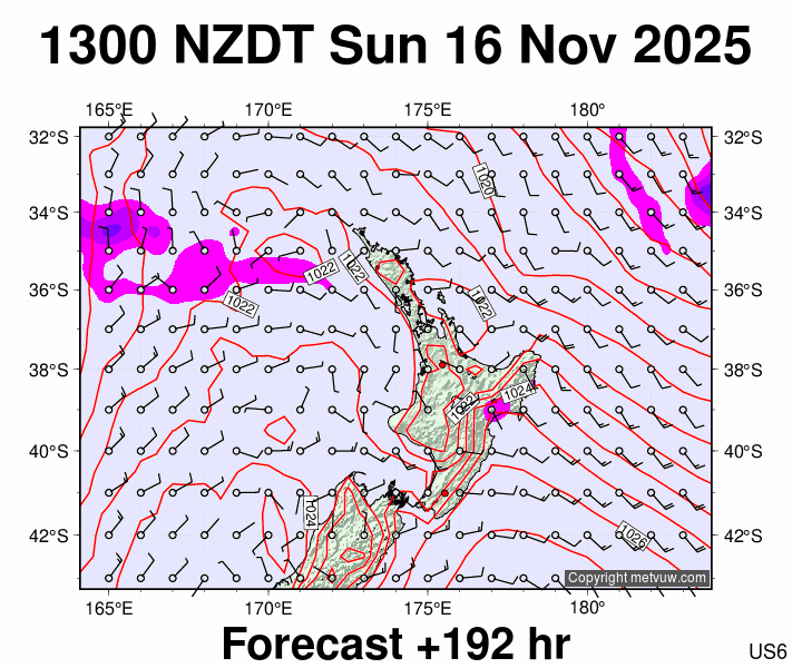 North Island forecast chart for Sunday, November 16th, 2025 at 12:00 AM