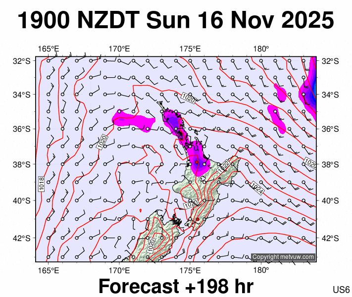 North Island forecast chart for Sunday, November 16th, 2025 at 6:00 AM