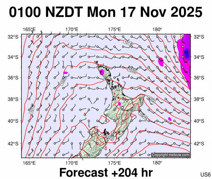 North Island forecast chart for Sunday, November 16th, 2025 at 12:00 PM