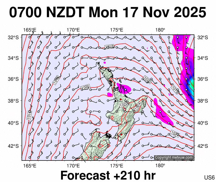 North Island forecast chart for Sunday, November 16th, 2025 at 6:00 PM
