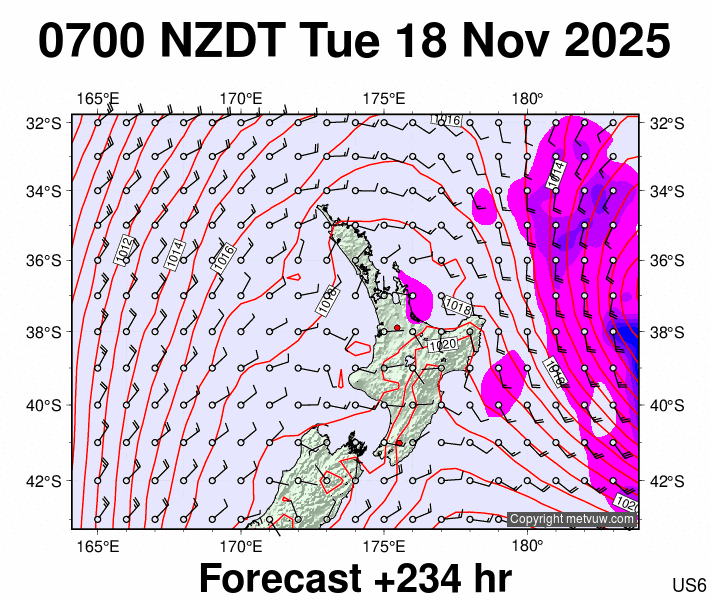 North Island forecast chart for Monday, November 17th, 2025 at 6:00 PM