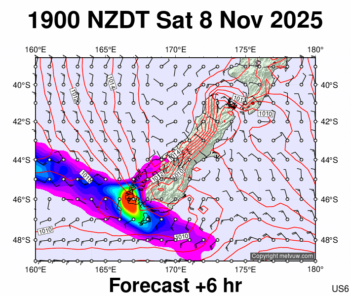 South Island forecast chart for Saturday, November 8th, 2025 at 6:00 AM