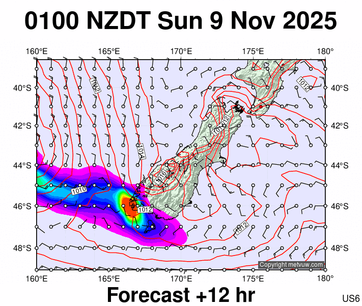 South Island forecast chart for Saturday, November 8th, 2025 at 12:00 PM