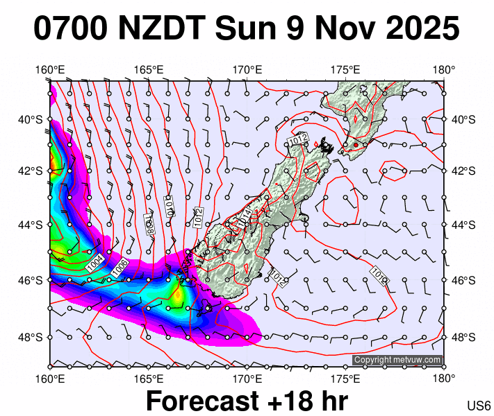 South Island forecast chart for Saturday, November 8th, 2025 at 6:00 PM