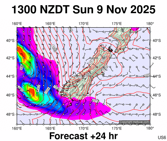 South Island forecast chart for Sunday, November 9th, 2025 at 12:00 AM
