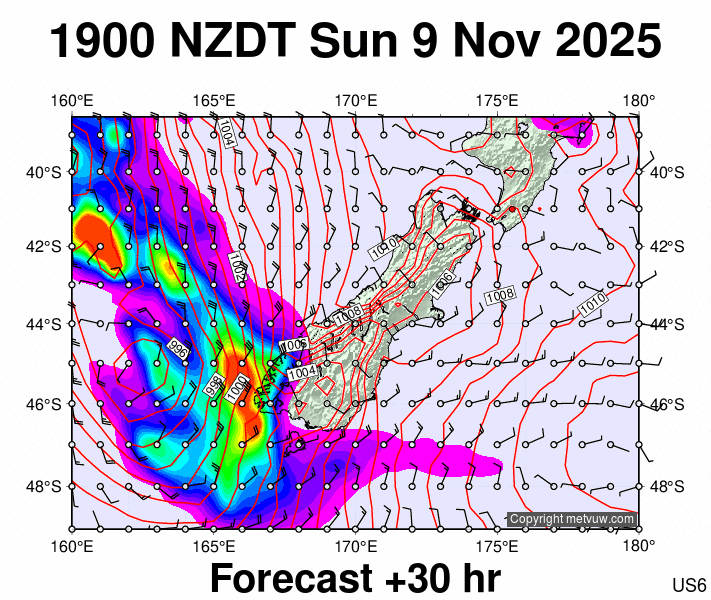 South Island forecast chart for Sunday, November 9th, 2025 at 6:00 AM