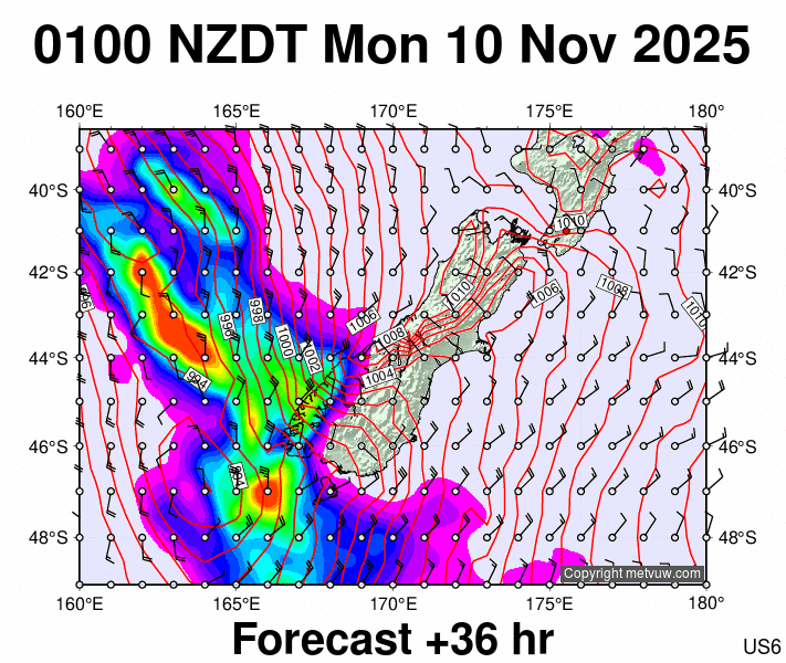 South Island forecast chart for Sunday, November 9th, 2025 at 12:00 PM