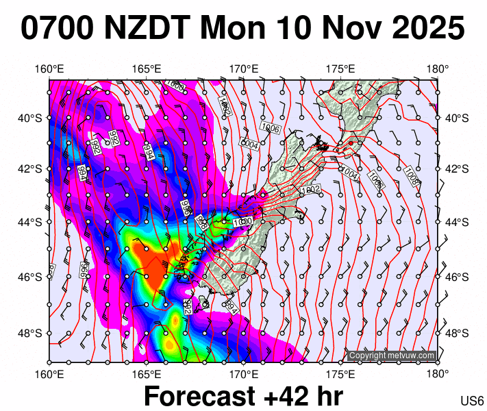 South Island forecast chart for Sunday, November 9th, 2025 at 6:00 PM